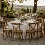 Nussbraune Crossback-Stühle an runden Tischen bei einer Gartenhochzeit
