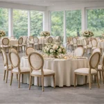 Louis Stühle mit runden Banketttischen und bodenlangen Tischdecken für Hochzeit und Event kaufen