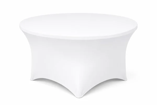 Runde Stretch Tischdecke weiß kaufen für Banketttische, Hochzeit und Gastronomie