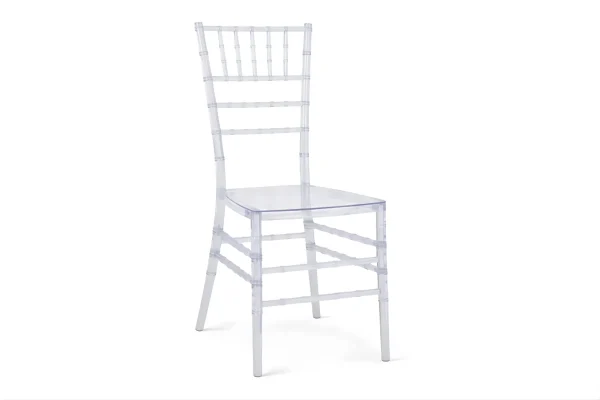 Vorderansicht transparenter Chiavari Stuhl aus Kunststoff kaufen für Hochzeit und Eventausstattung
