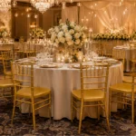 Goldene Chiavari-Stühle an runden Tischen bei einer festlichen Hochzeit