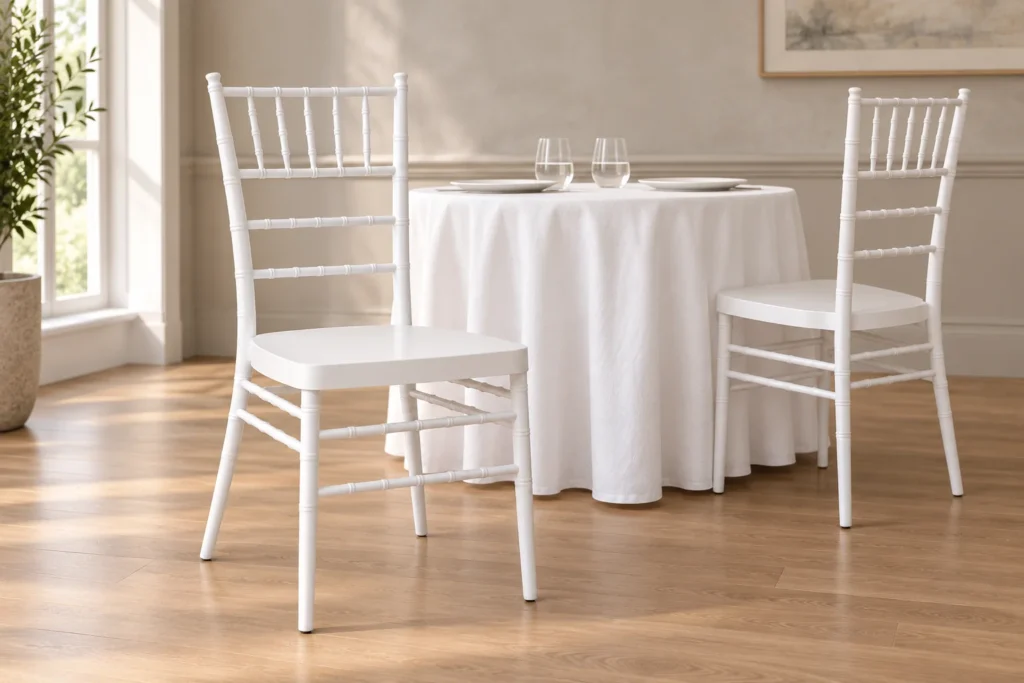 Weiße Chiavari-Stühle als Anwendungsbeispiel in einem hellen Raum