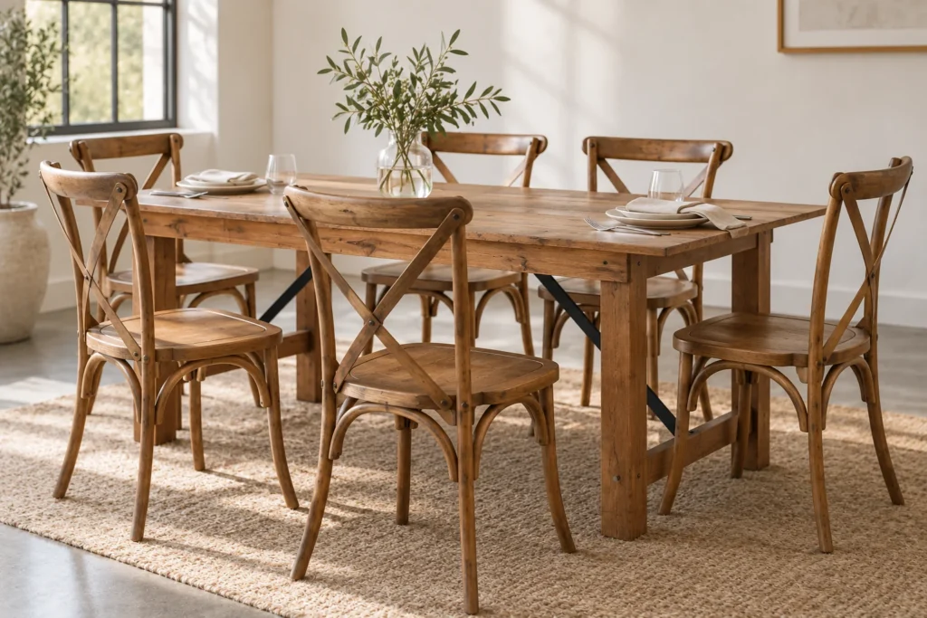 Braune Crossback-Stühle mit massiver Sitzfläche an einem rechteckigen Holztisch