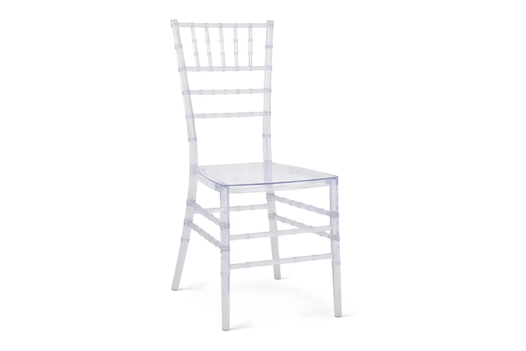 Vorderansicht transparenter Chiavari Stuhl aus Kunststoff kaufen für Hochzeit und Eventausstattung